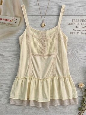 Free People Morning Light Pintuck Lace Ruffle Cami Tunic Cream Small Fairycore